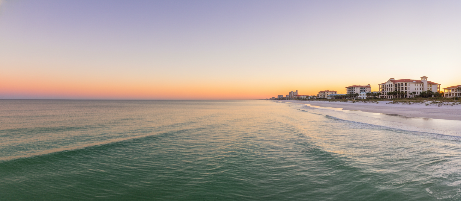 Serene Alabama beachfront at golden hour